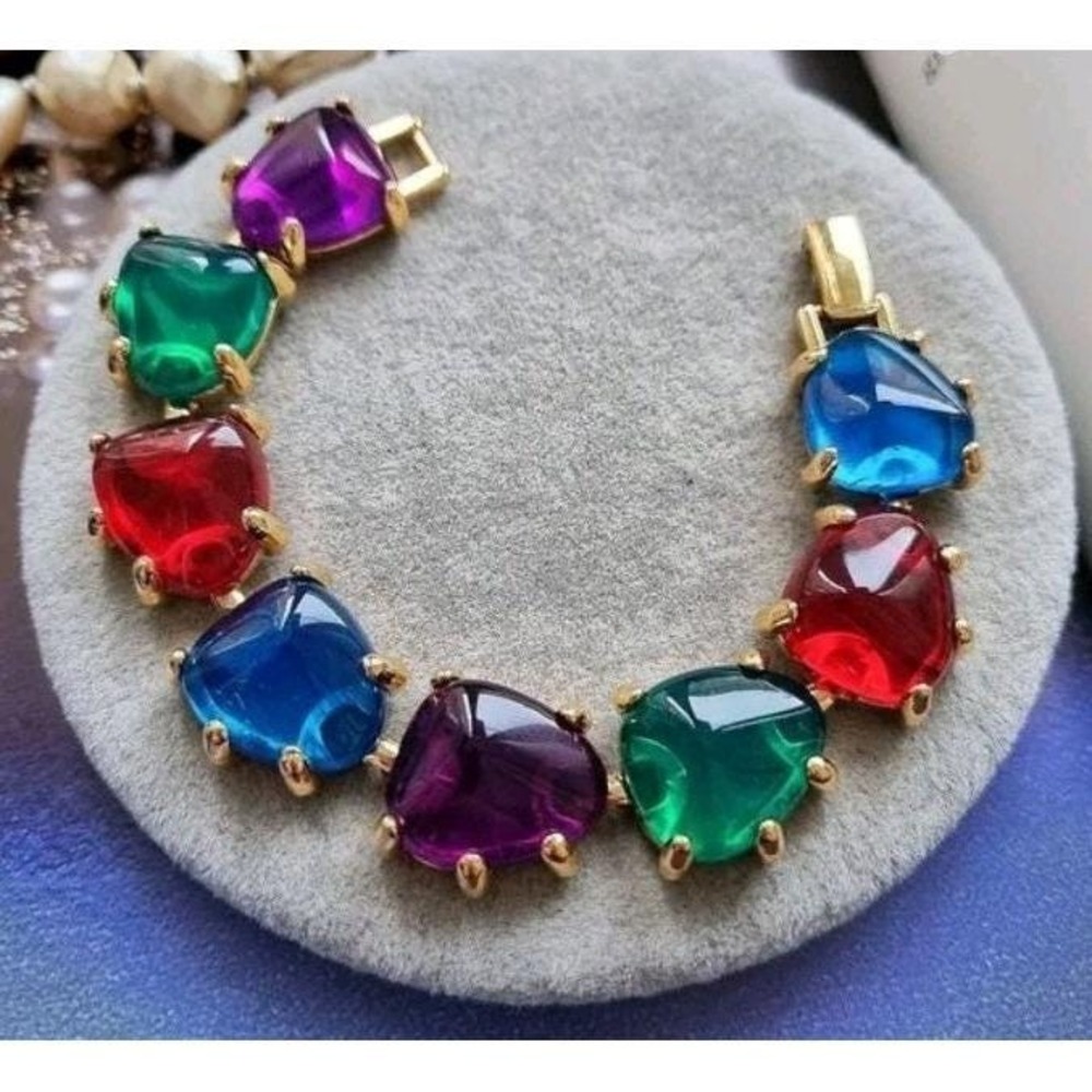 Vtg Multicolor Glass Cabochon Bracelet Gold Tone 8 Stone Blue Red Green Purple
